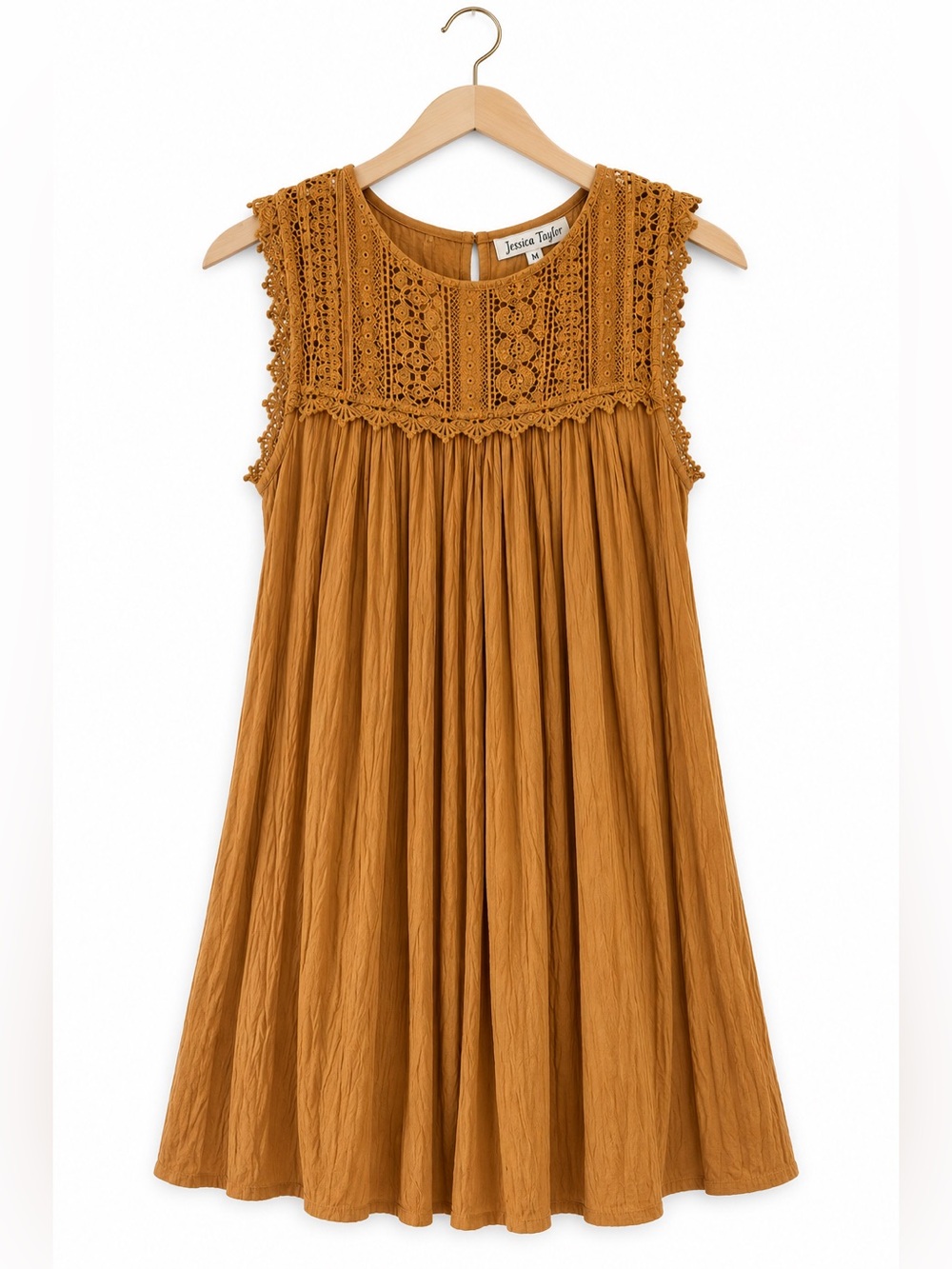 Jessica Taylor Mustard Smocked Crochet Lace Boho Mini Dress Flowy Size Medium